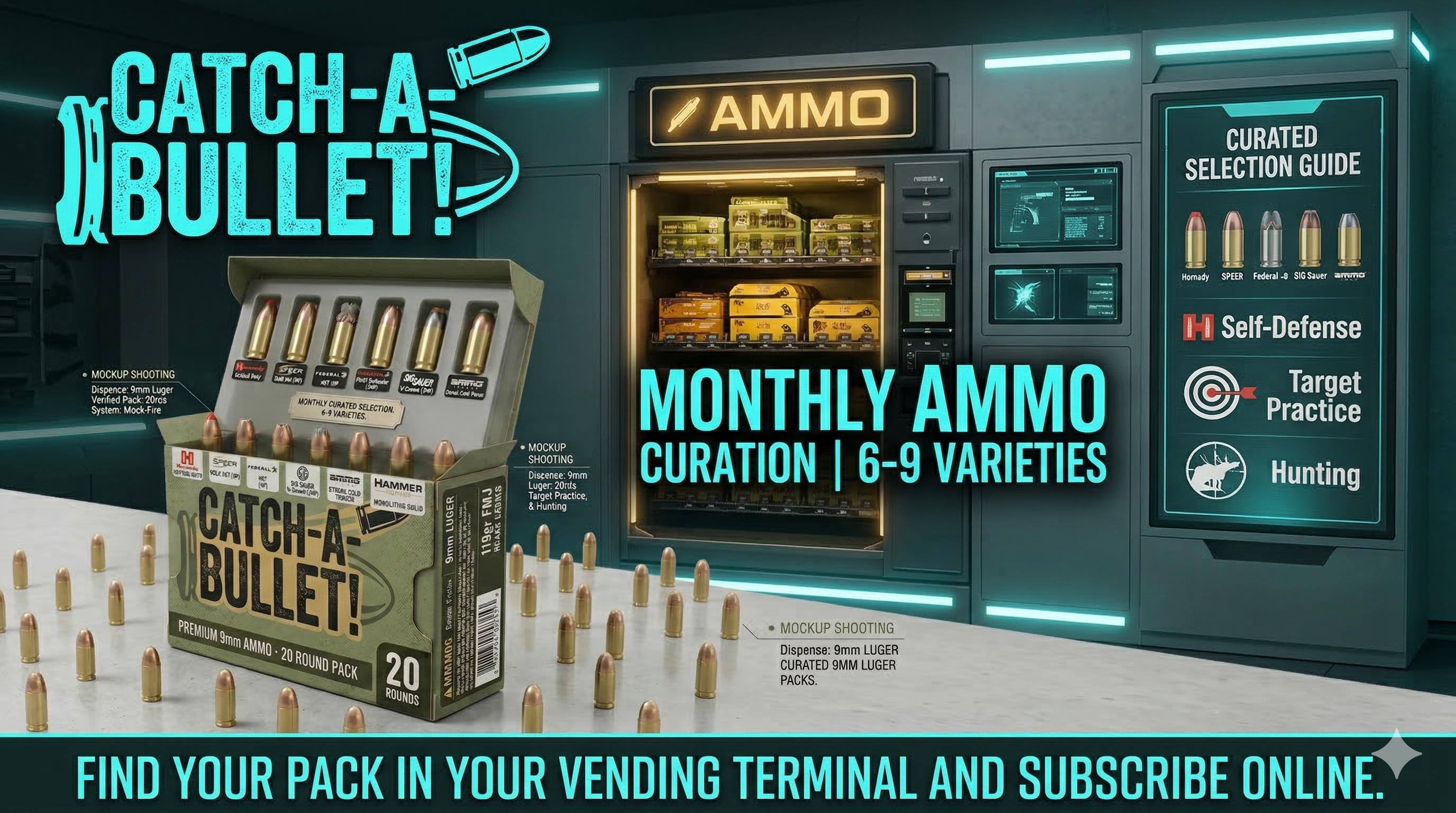 Catch-A-Bullet monthly ammo curation visual with vending terminal and curated 9mm sample packs.